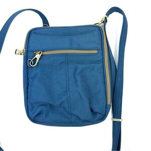 Travelon Signature Slim Day Bag Crossbody Blue Canvas Anti Theft Brand NEW